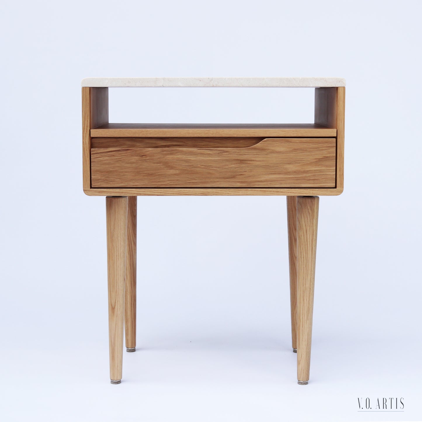 Nightstand with marble top, shelf and lower drawer in solid Oak