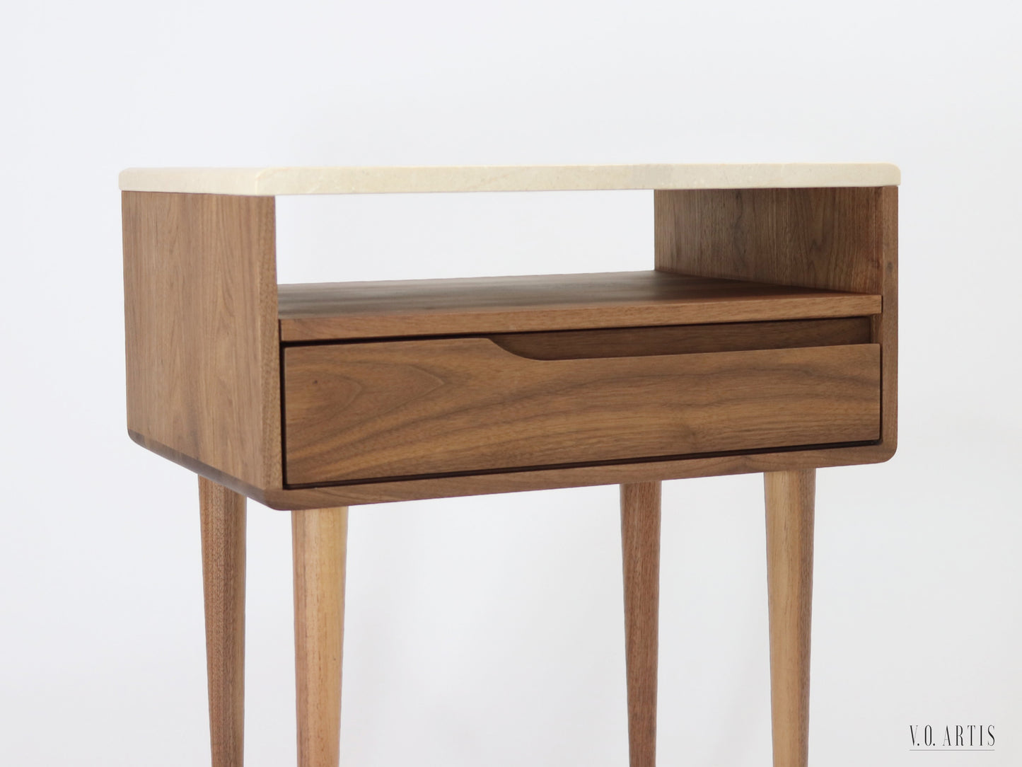 Bedside table with marble top, shelf and lower drawer in solid Walnut