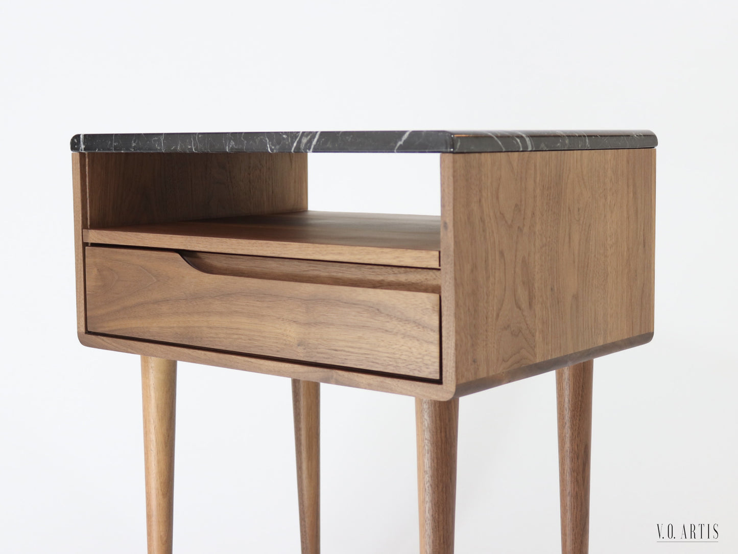 Bedside table with marble top, shelf and lower drawer in solid Walnut