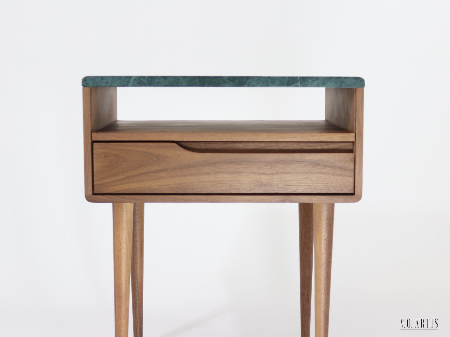 Bedside table with marble top, shelf and lower drawer in solid Walnut