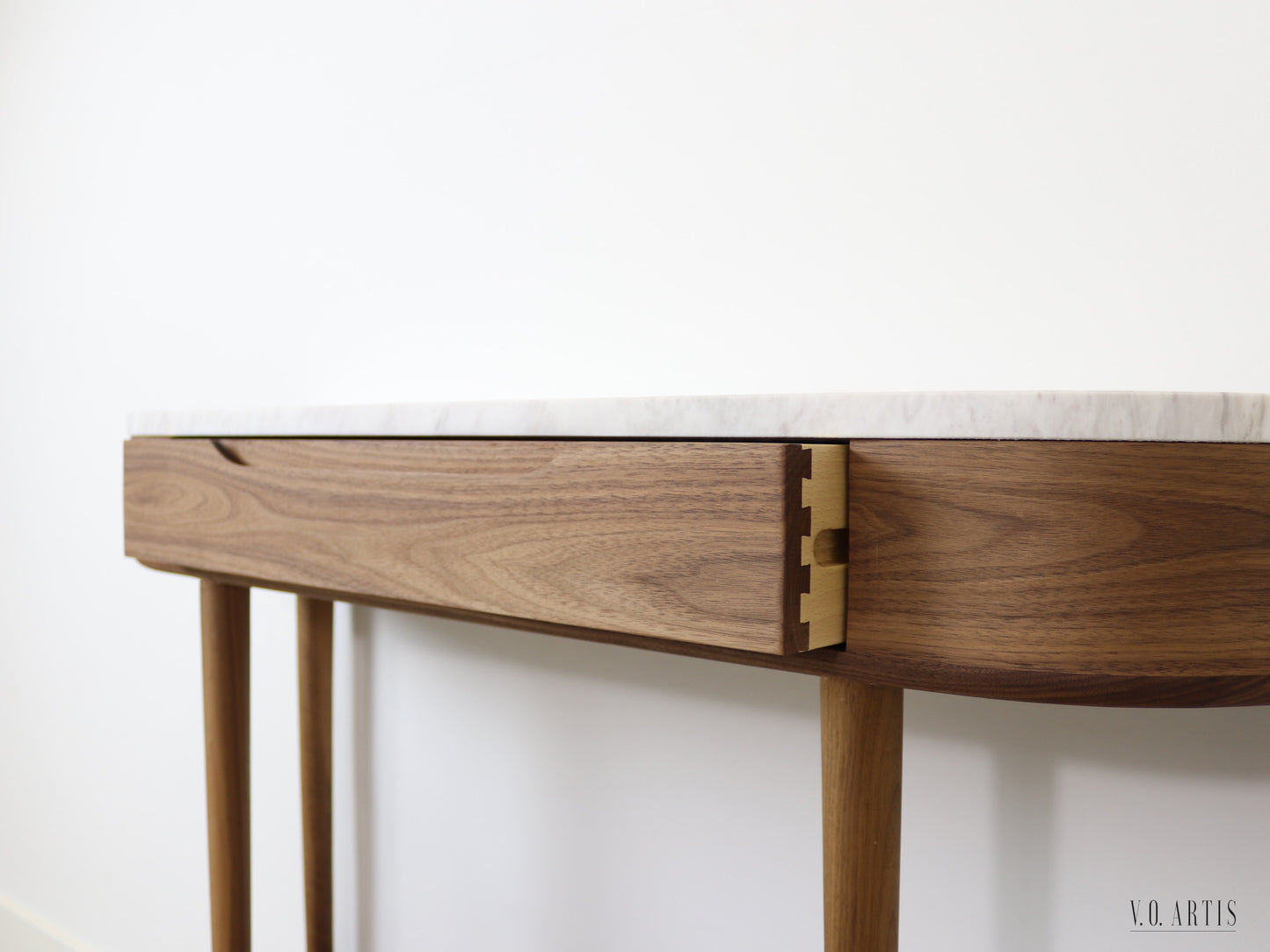 Console Table with  drawer, shelf and 4 Legs in solid American  Walnut with Marble top