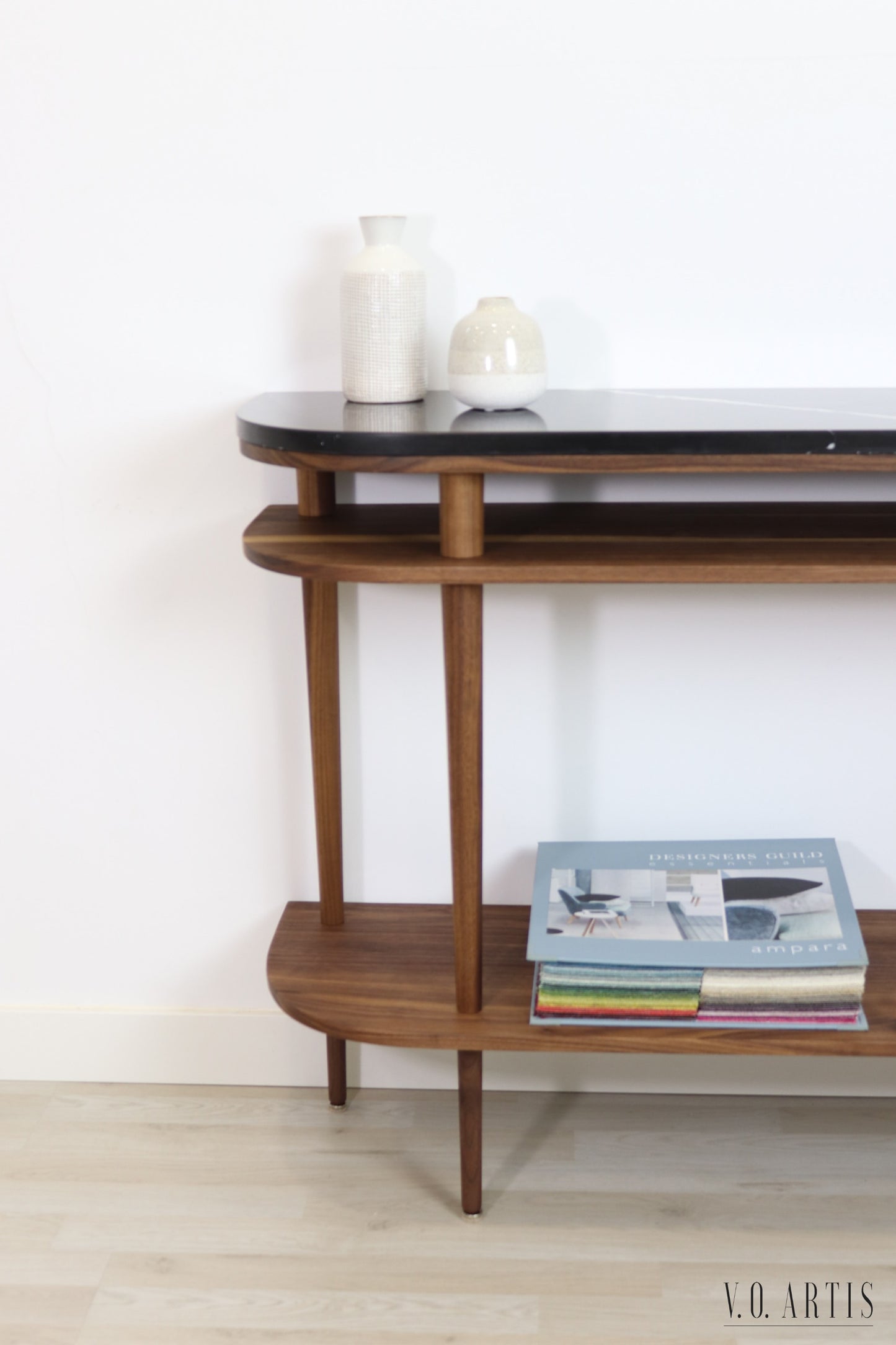 Console table with shelves in solid American Oak or Walnut and marble top.