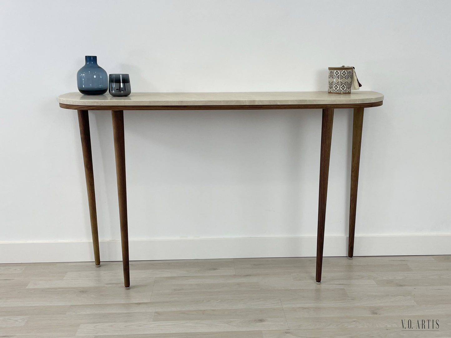 Curve console table narrow with 4 Legs in solid American Walnut and Marble top