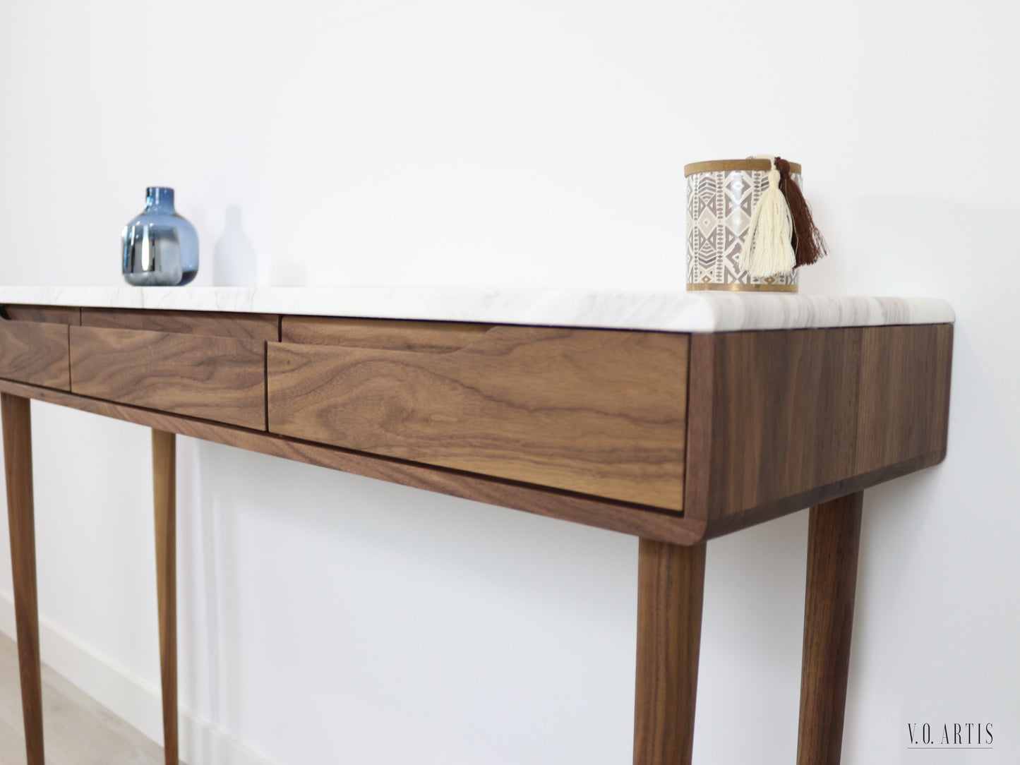 Console table with 3 drawers and 4 Legs in solid American Walnut with Marble top