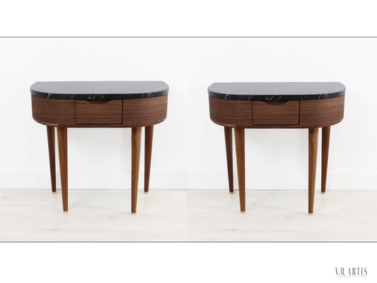 Pair of nightstands, 2 Bedside tables,  in solid Walnut or Oak, with drawer and marble top