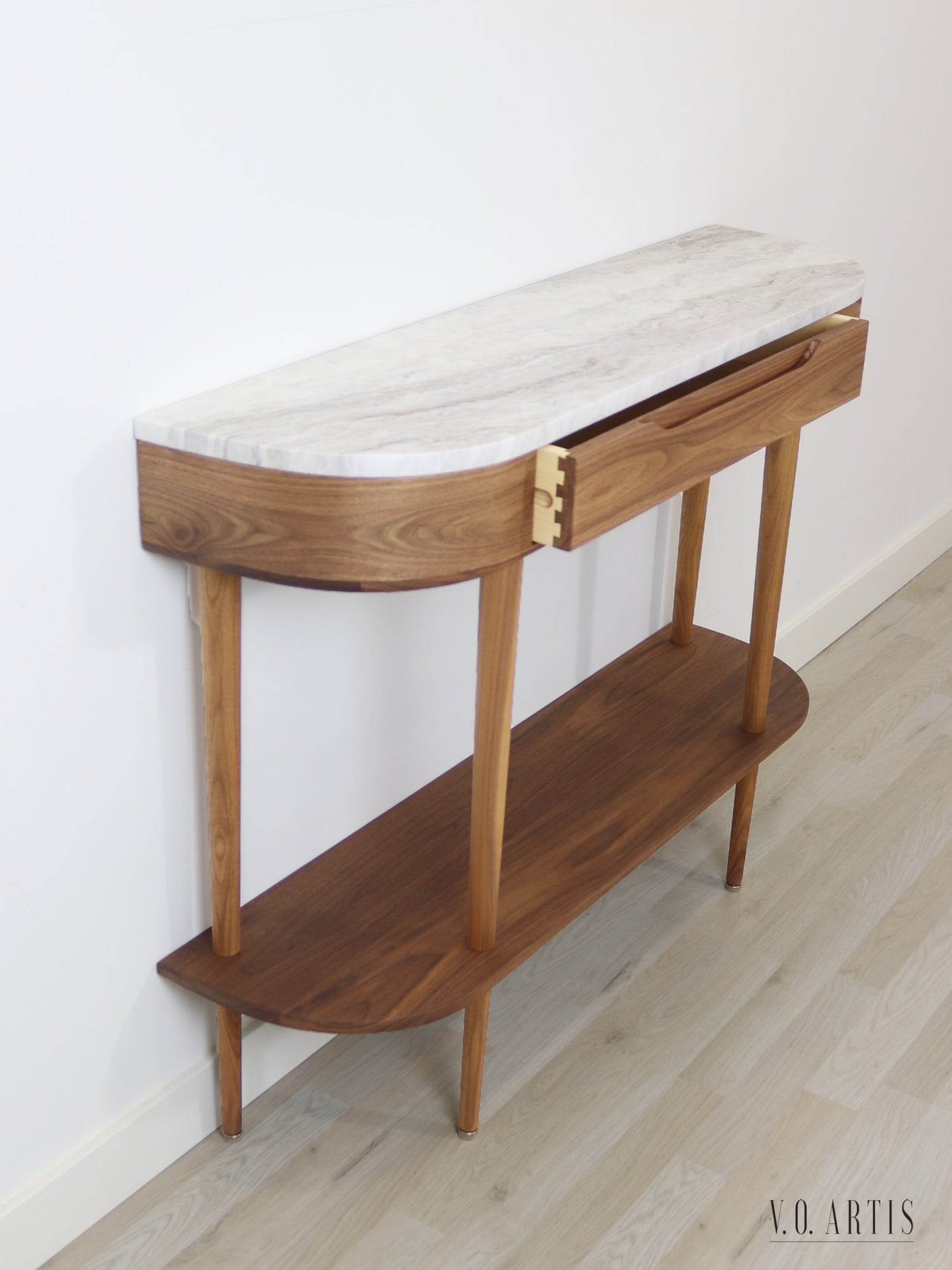 Console Table with  drawer, shelf and 4 Legs in solid American  Walnut with Marble top