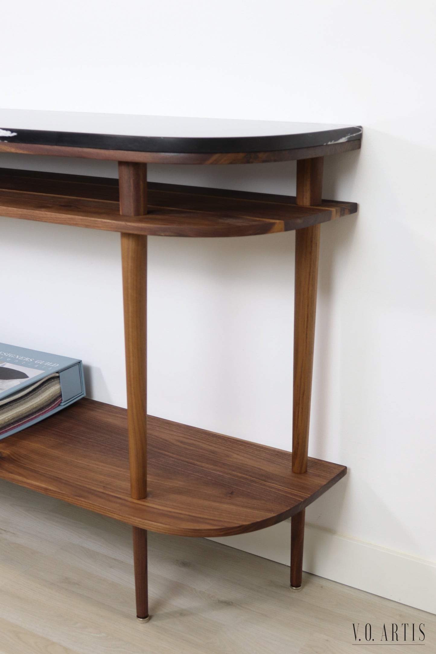 Console table with shelves in solid American Oak or Walnut and marble top.