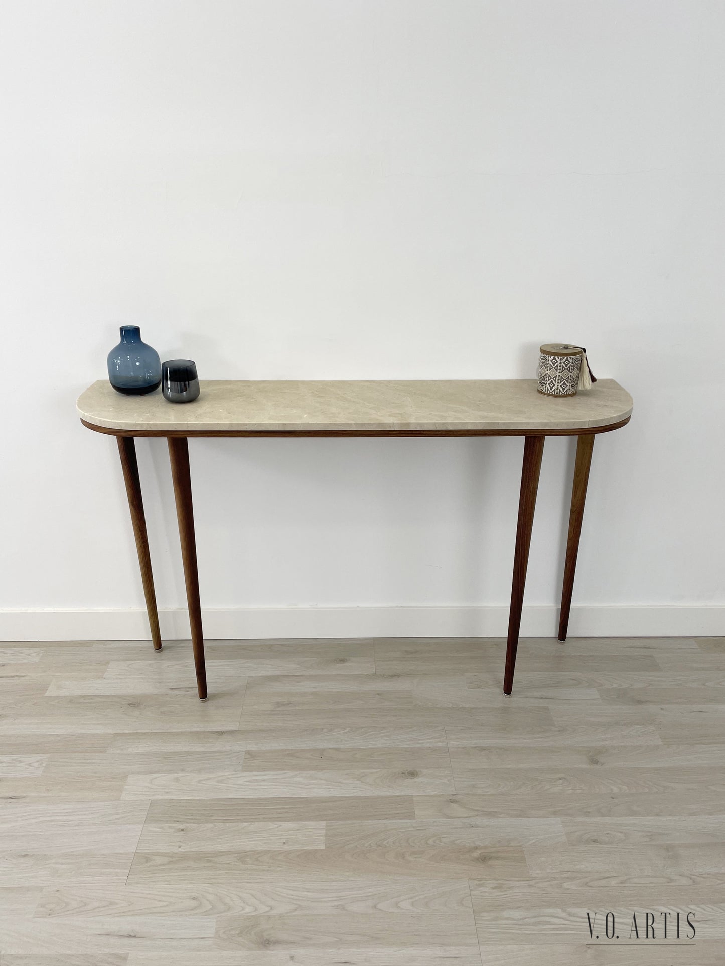 Curve console table narrow with 4 Legs in solid American Walnut and Marble top