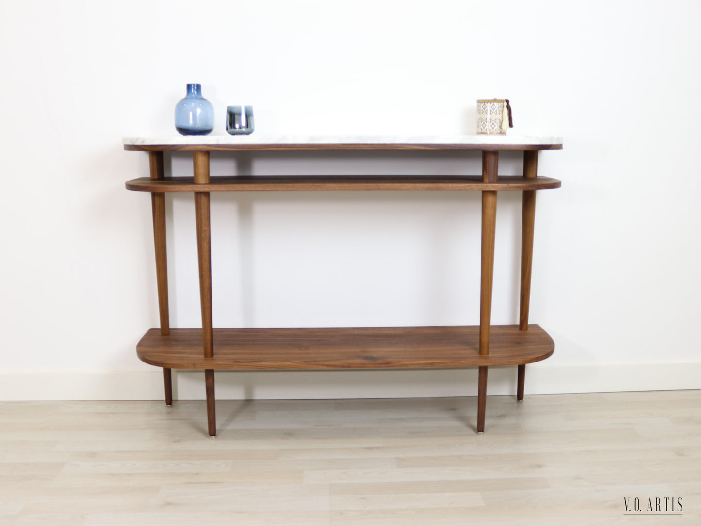 Console table with shelves in solid American Oak or Walnut and marble top.