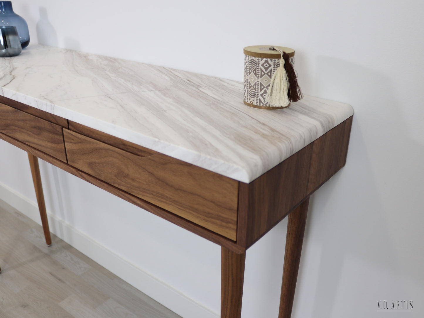 Console table with 3 drawers and 4 Legs in solid American Walnut with Marble top