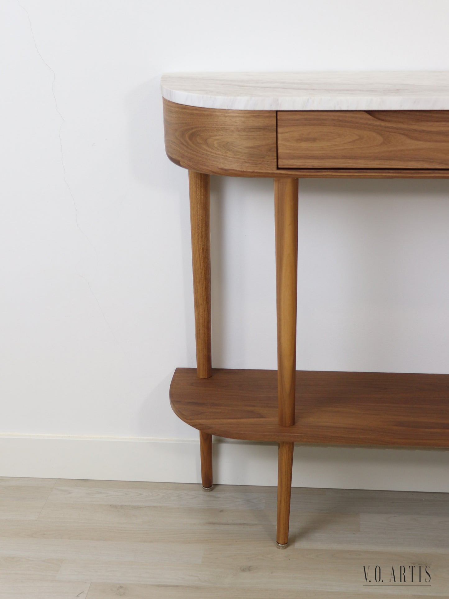 Console Table with  drawer, shelf and 4 Legs in solid American  Walnut with Marble top