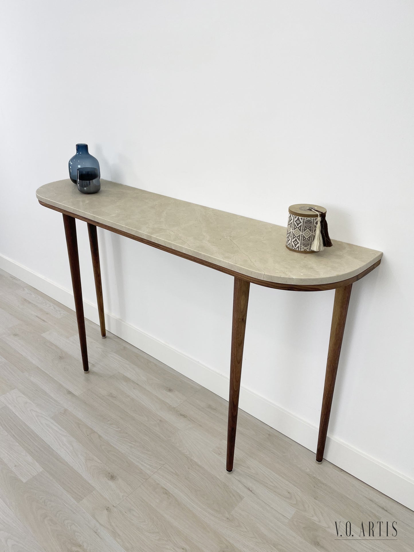 Curve console table narrow with 4 Legs in solid American Walnut and Marble top