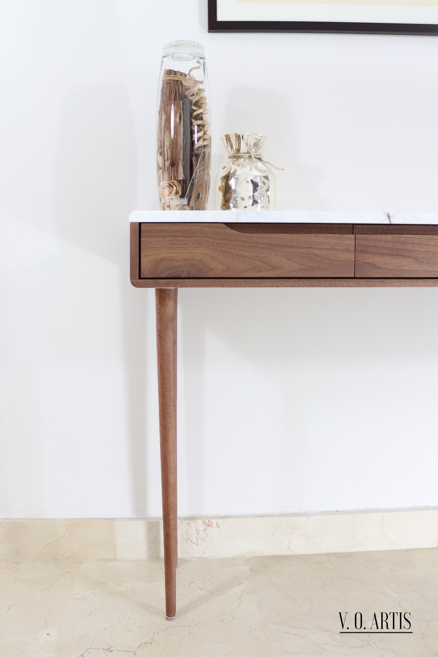 Console table with 3 drawers and 4 Legs in solid American Walnut with Marble top