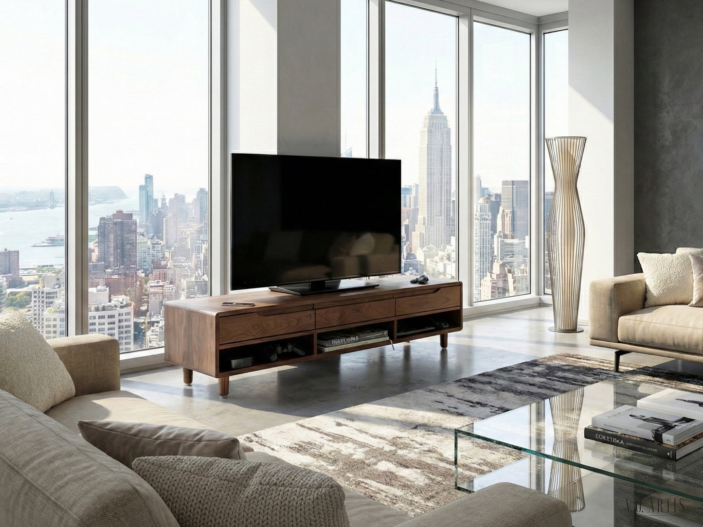 TV Stand, TV Cabinet, TV Console with 3 drawers and shelves in solid American Walnut or Oak
