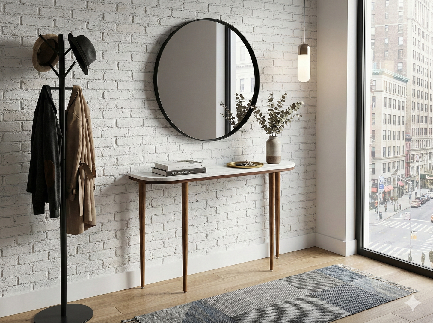 Curve console table narrow with 4 Legs in solid American Walnut and Marble top