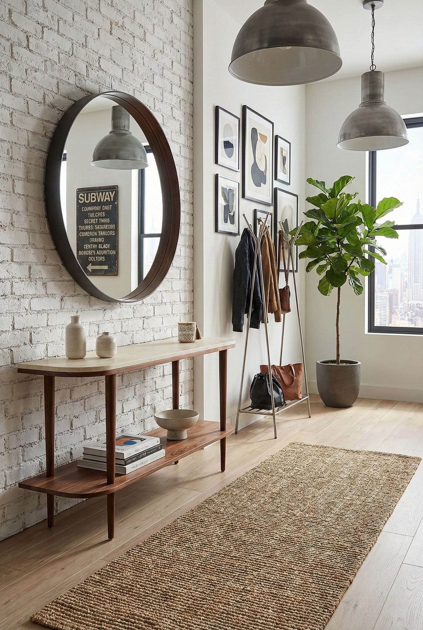Console table with shelf in solid American Walnut wood and marble top.