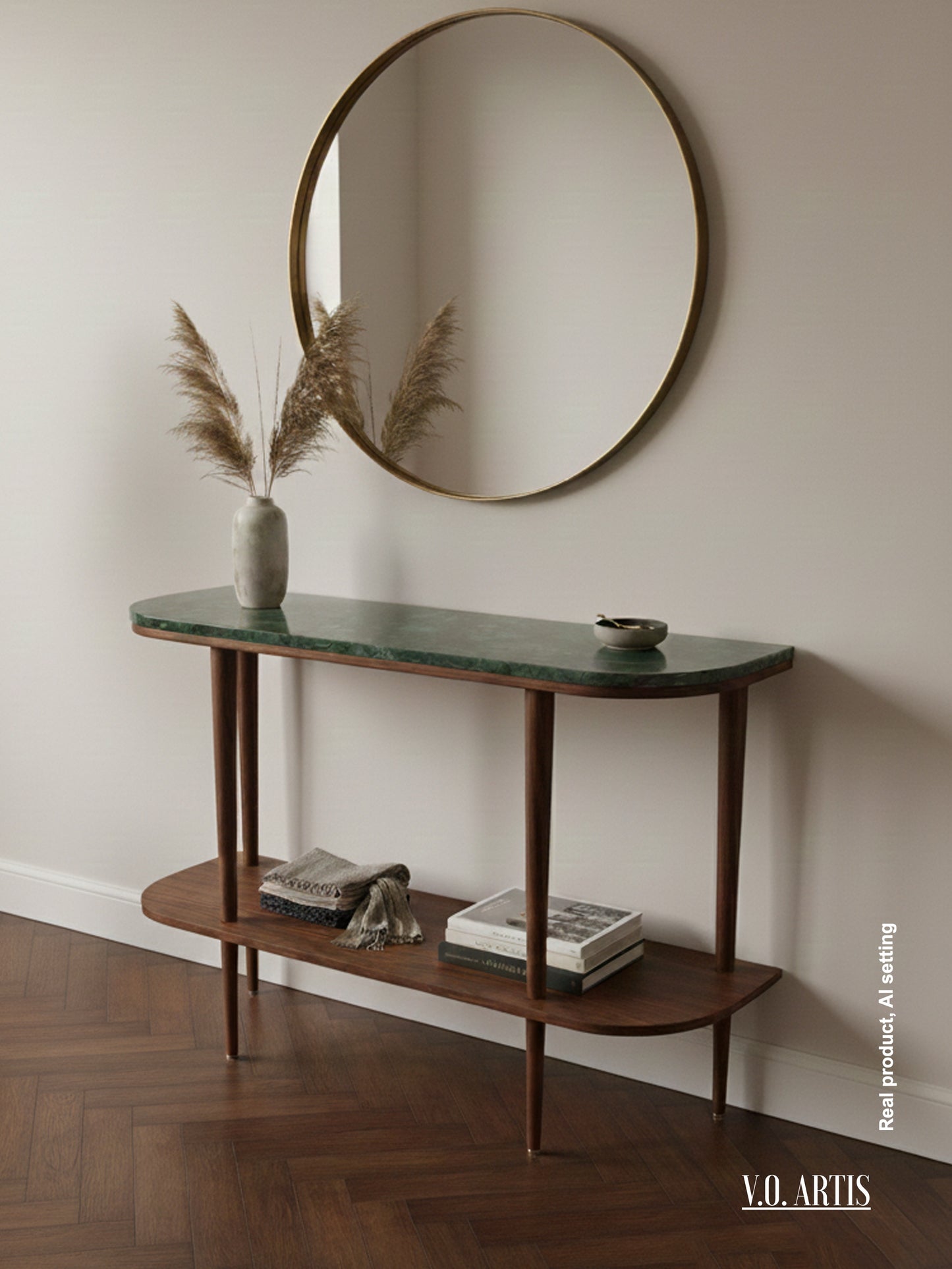 Console table with shelf in solid American Walnut wood and marble top.