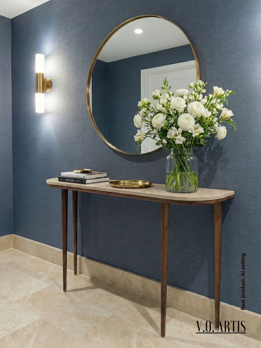 Curve console table narrow with 4 Legs in solid American Walnut and Marble top