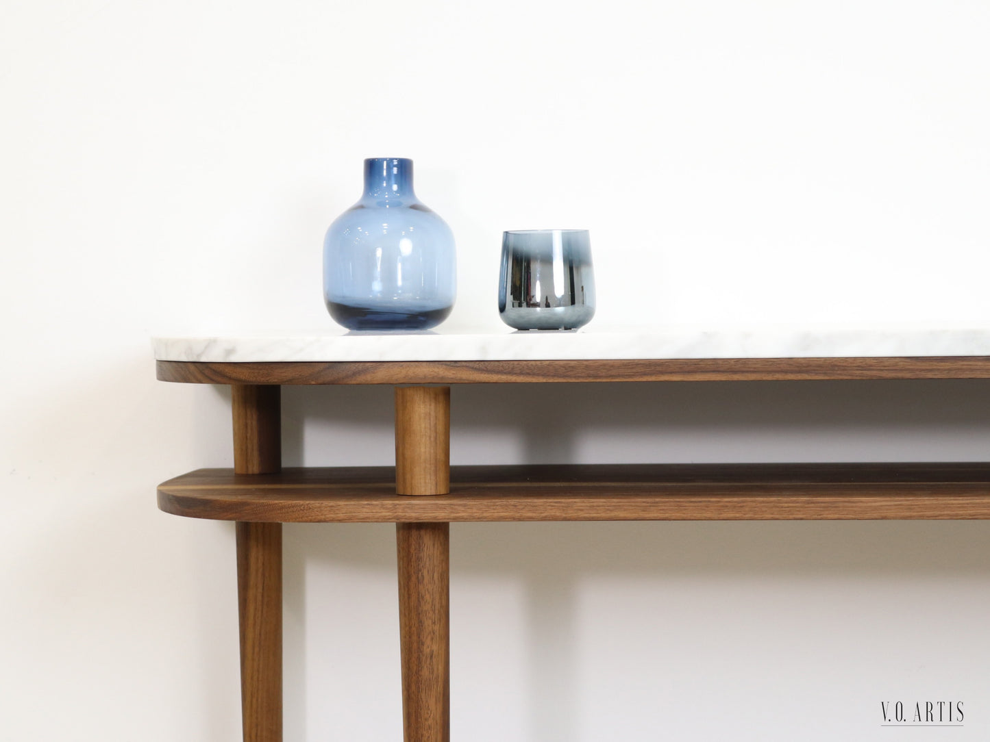 Console table with shelves in solid American Oak or Walnut and marble top.