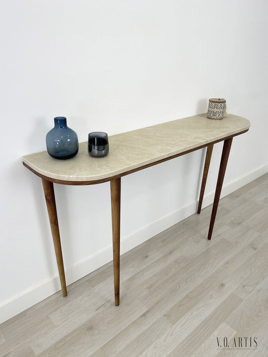 Curve console table narrow with 4 Legs in solid American Walnut and Marble top