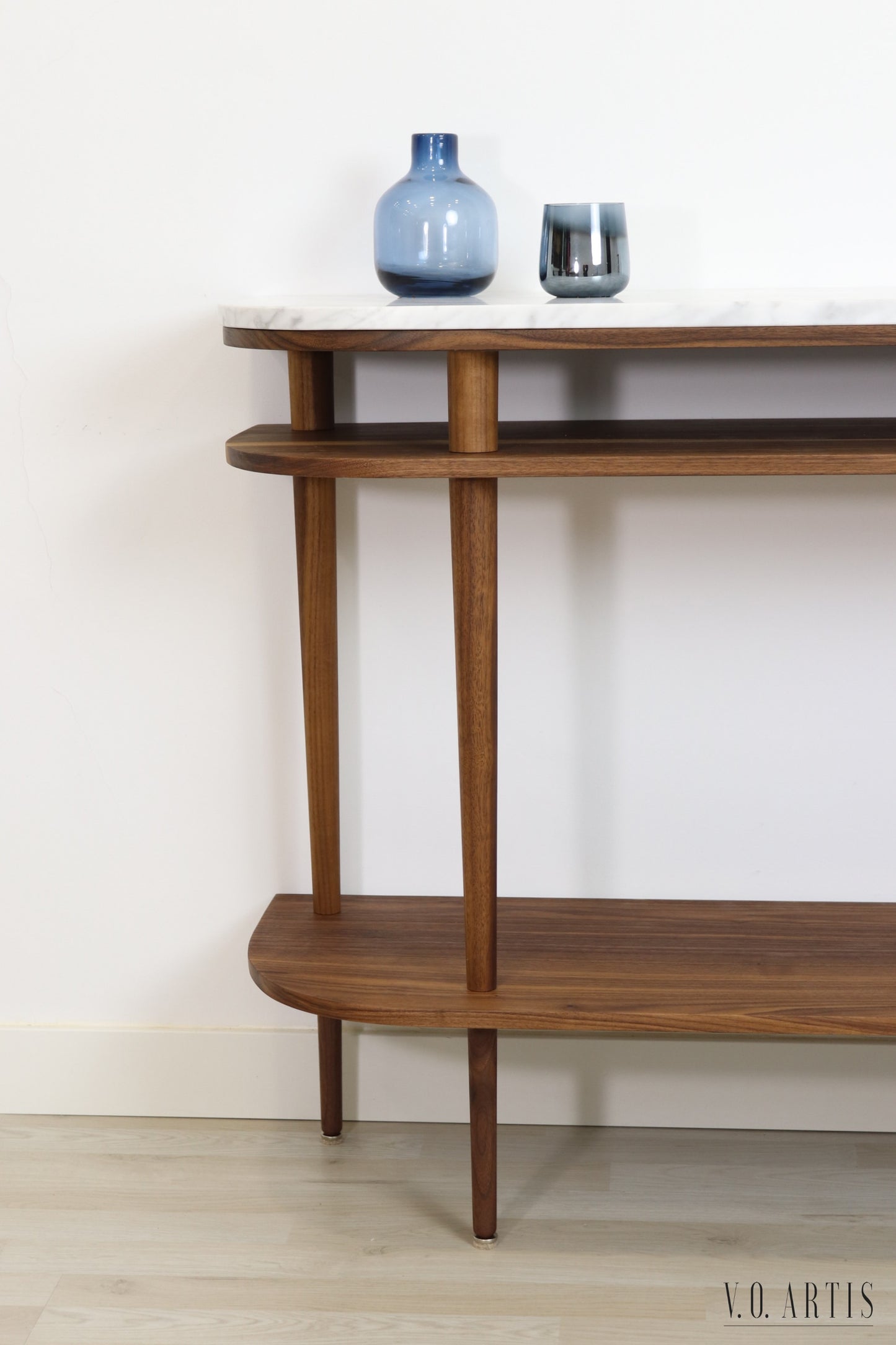 Console table with shelves in solid American Oak or Walnut and marble top.