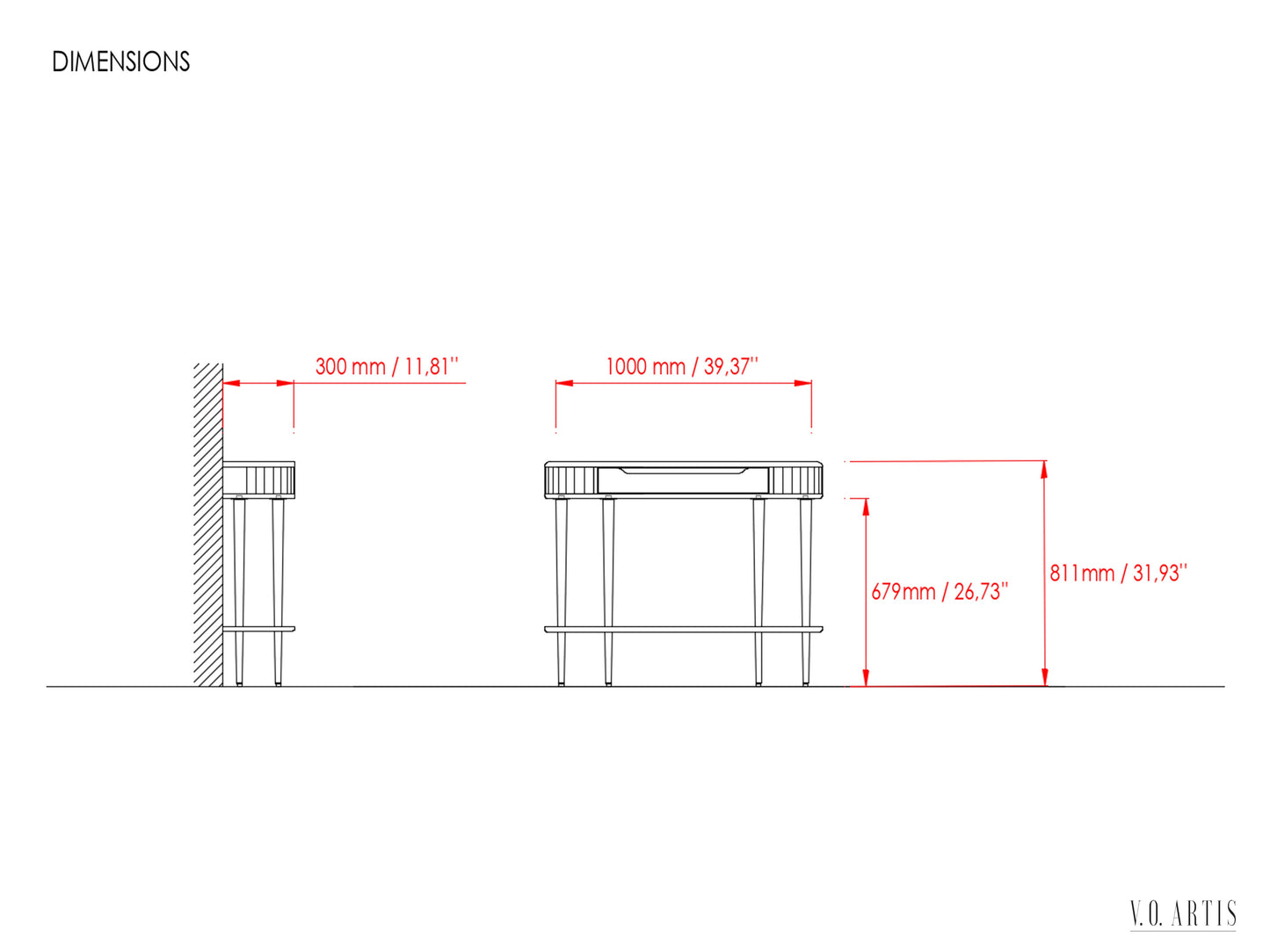 Console Table with  drawer, shelf and 4 Legs in solid American  Walnut with Marble top