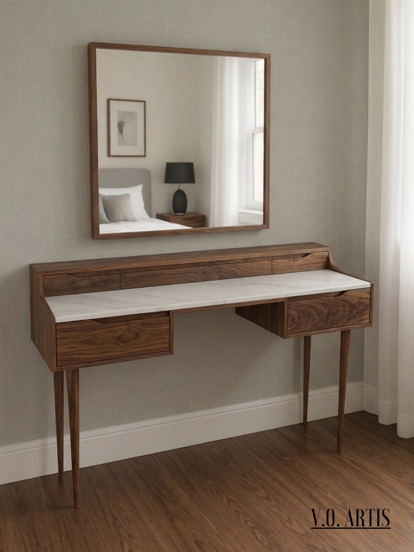 Vanity , Dressing Table  in solid American Oak or Walnut and marble top