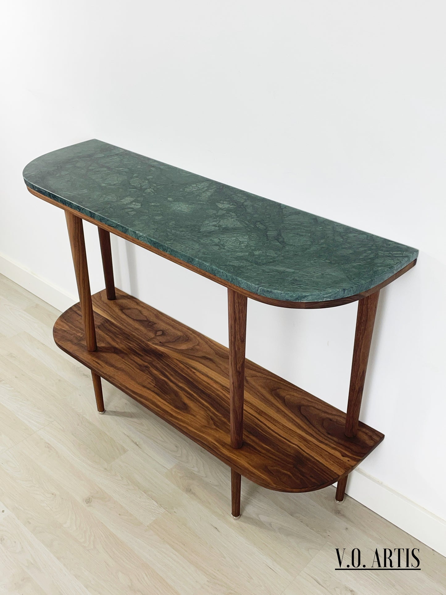 Console table with shelf in solid American Walnut wood and marble top.