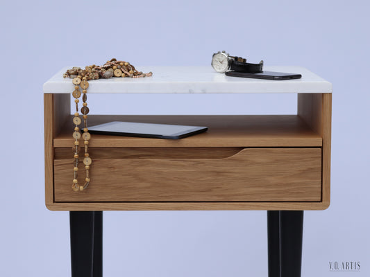 Nightstand with marble top, shelf and lower drawer in solid Oak