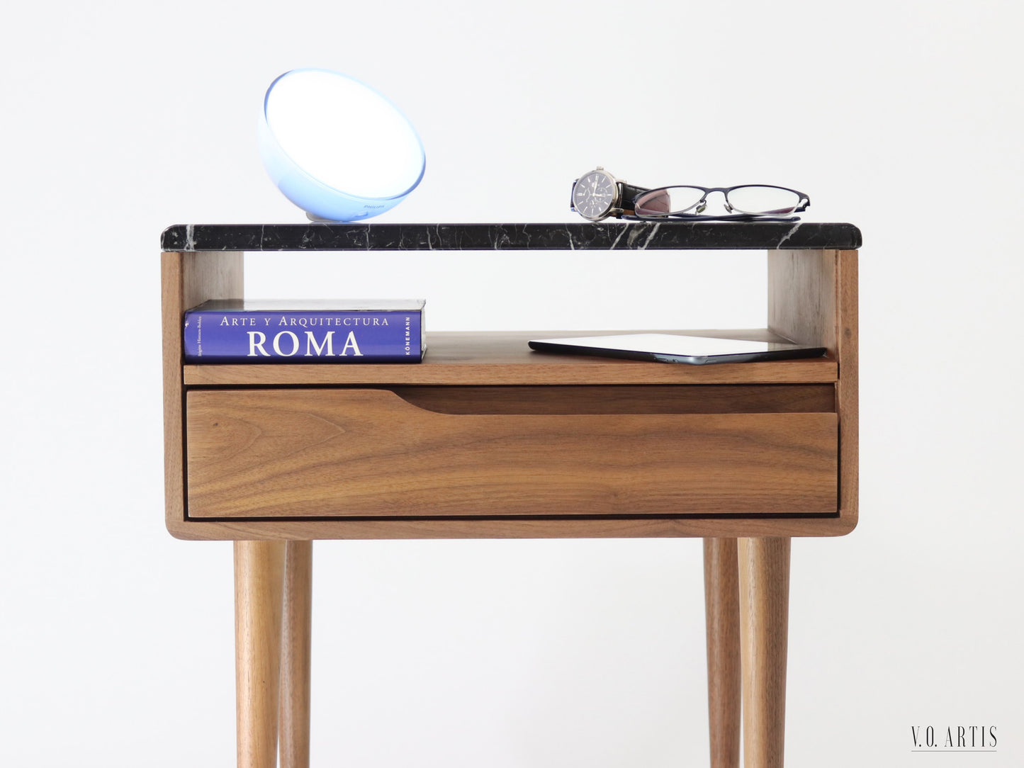 Bedside table with marble top, shelf and lower drawer in solid Walnut