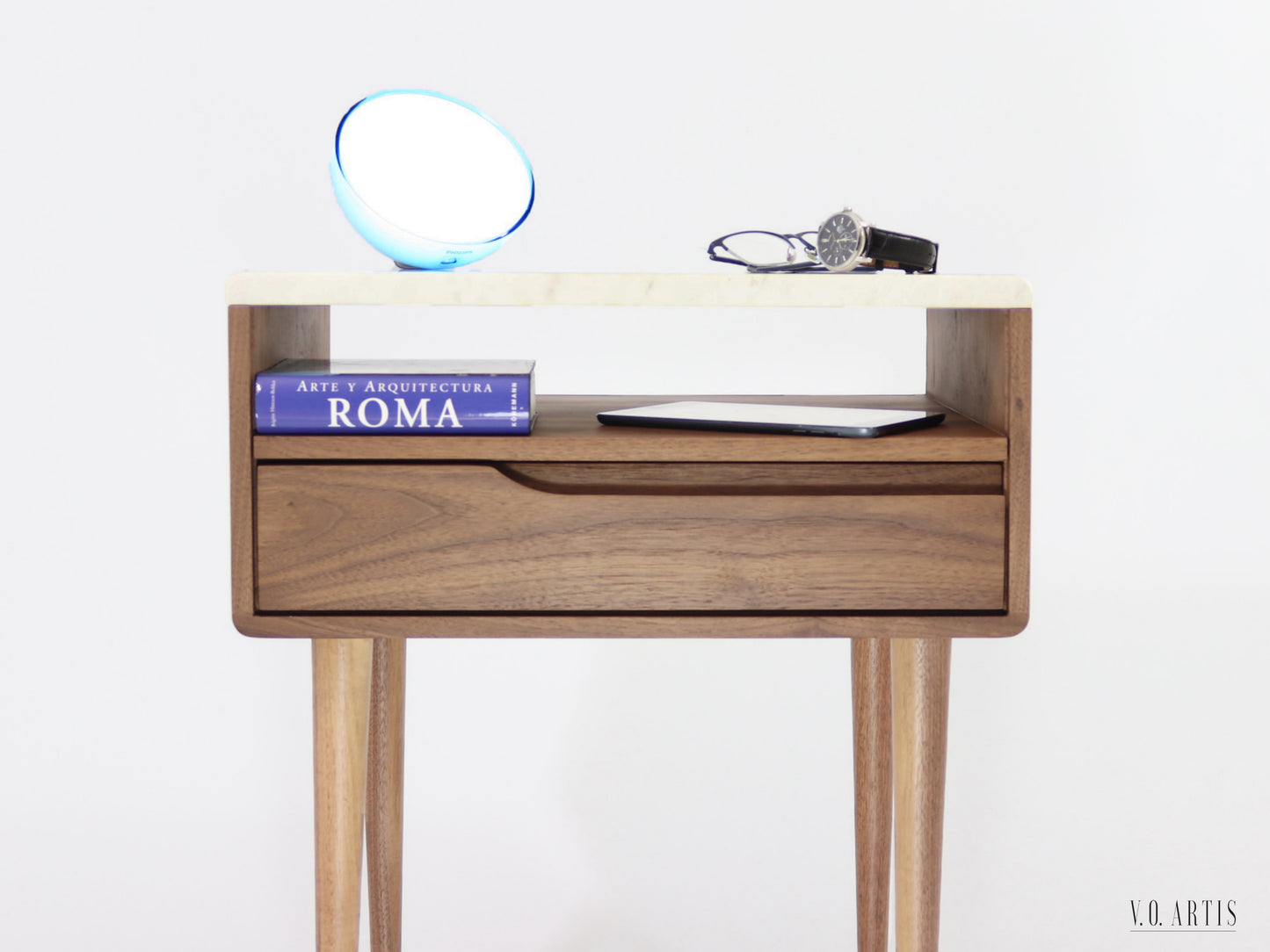 Bedside table with marble top, shelf and lower drawer in solid Walnut