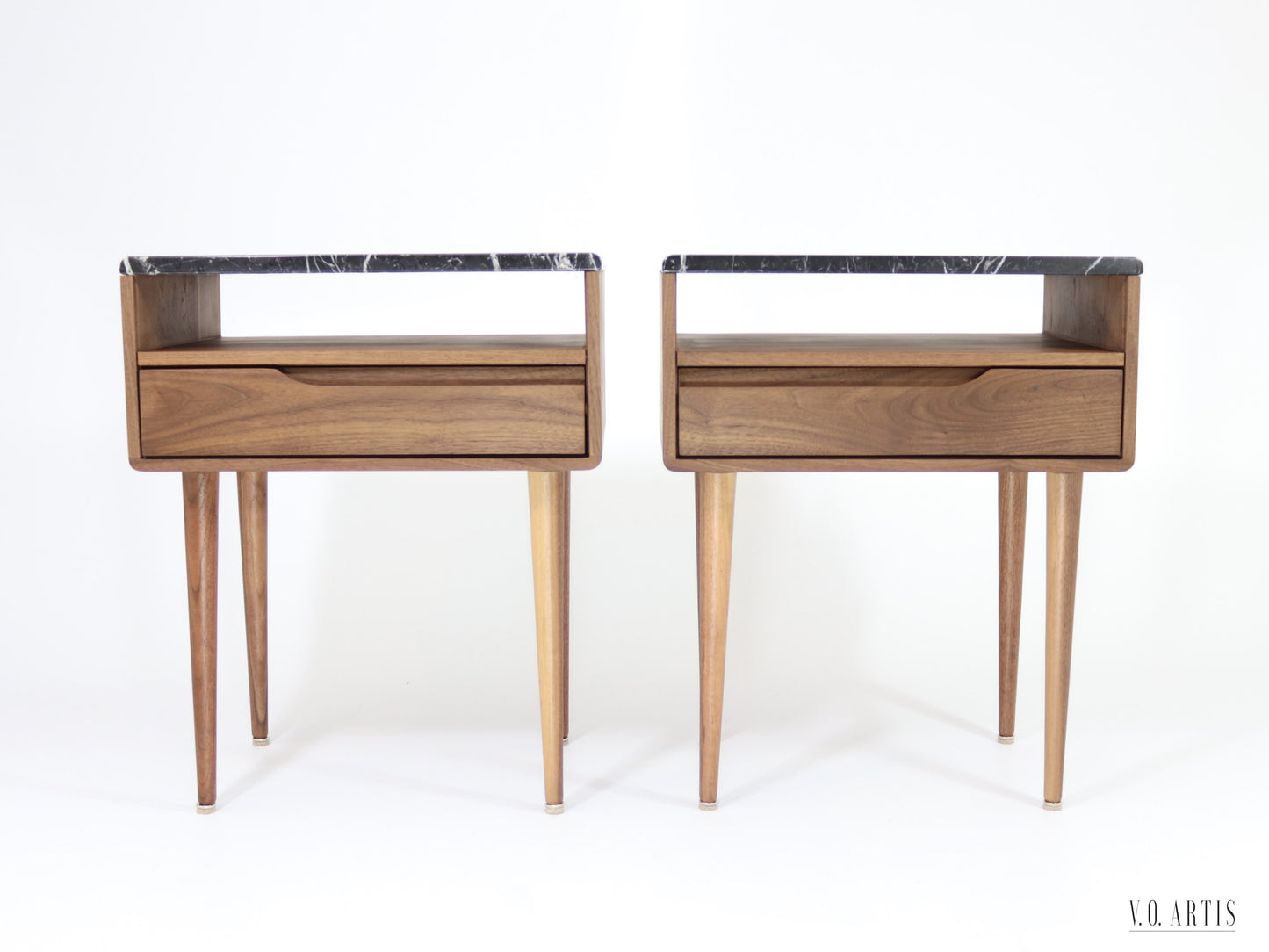 Bedside table with marble top, shelf and lower drawer in solid Walnut