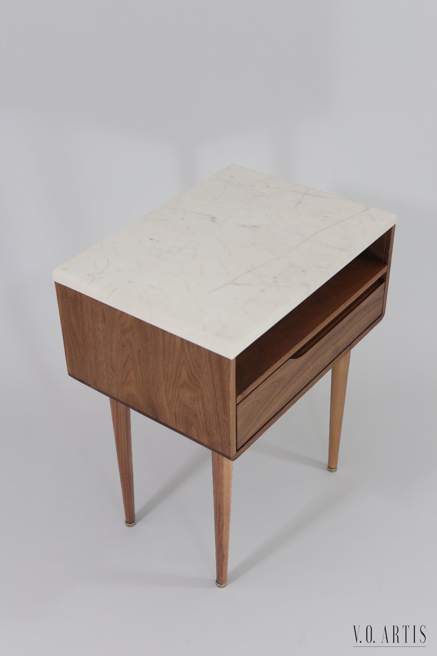 Bedside table with marble top, shelf and lower drawer in solid Walnut