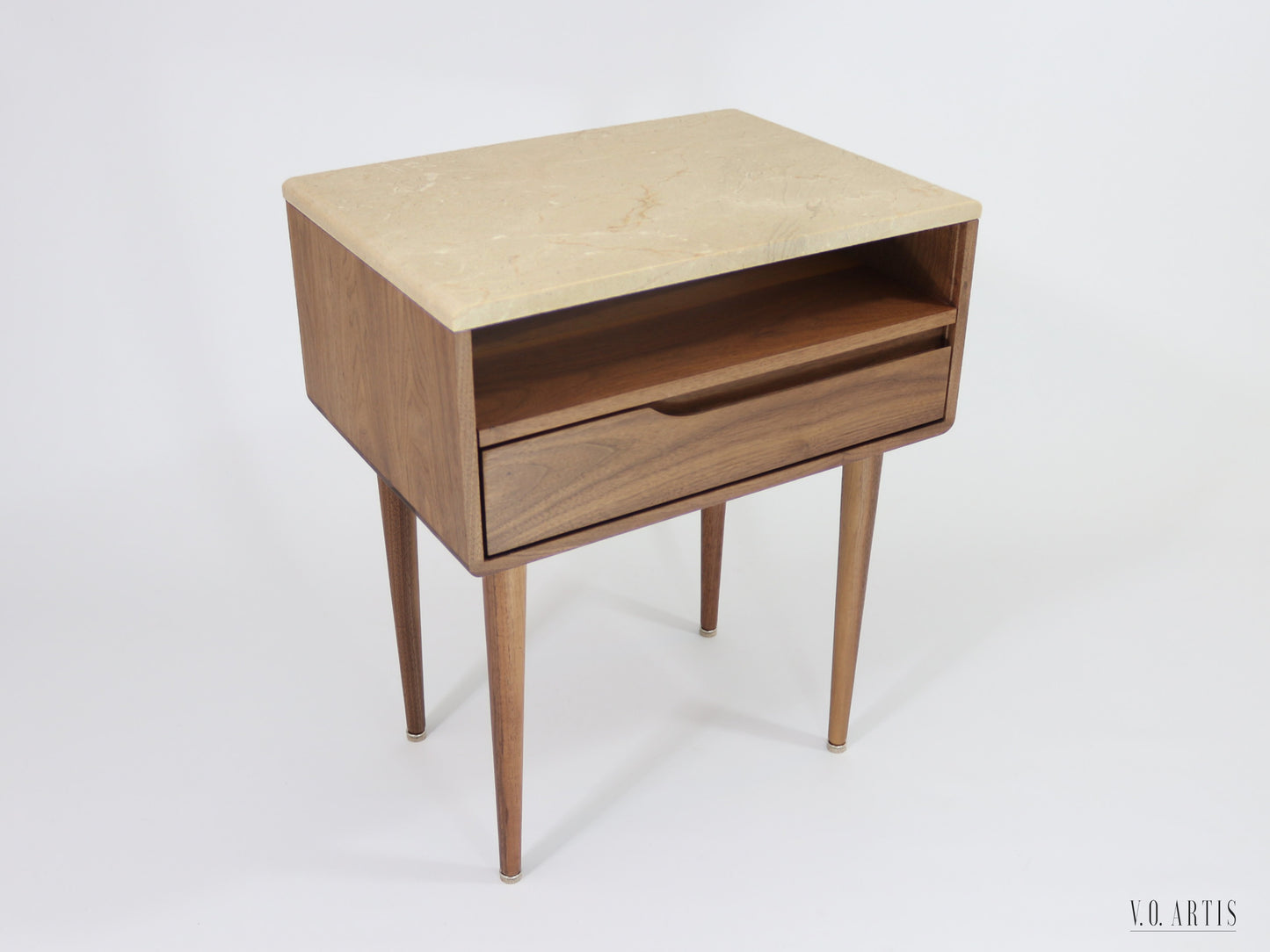 Bedside table with marble top, shelf and lower drawer in solid Walnut