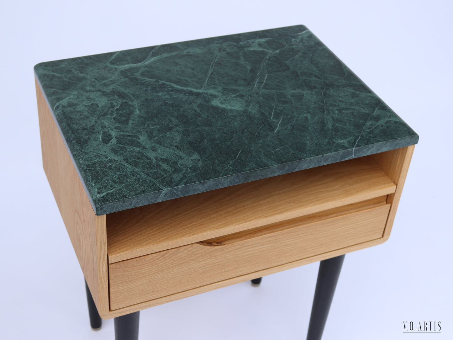 Nightstand with marble top, shelf and lower drawer in solid Oak