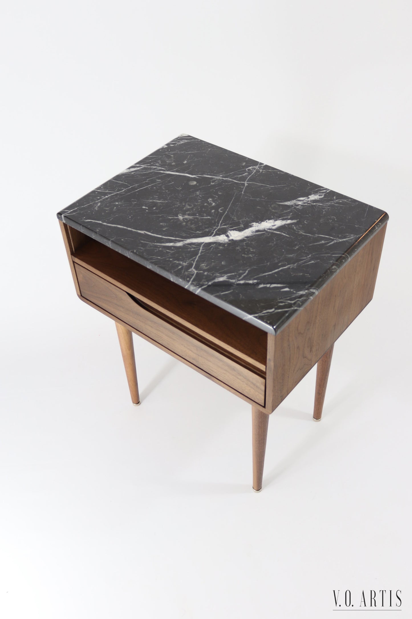 Bedside table with marble top, shelf and lower drawer in solid Walnut