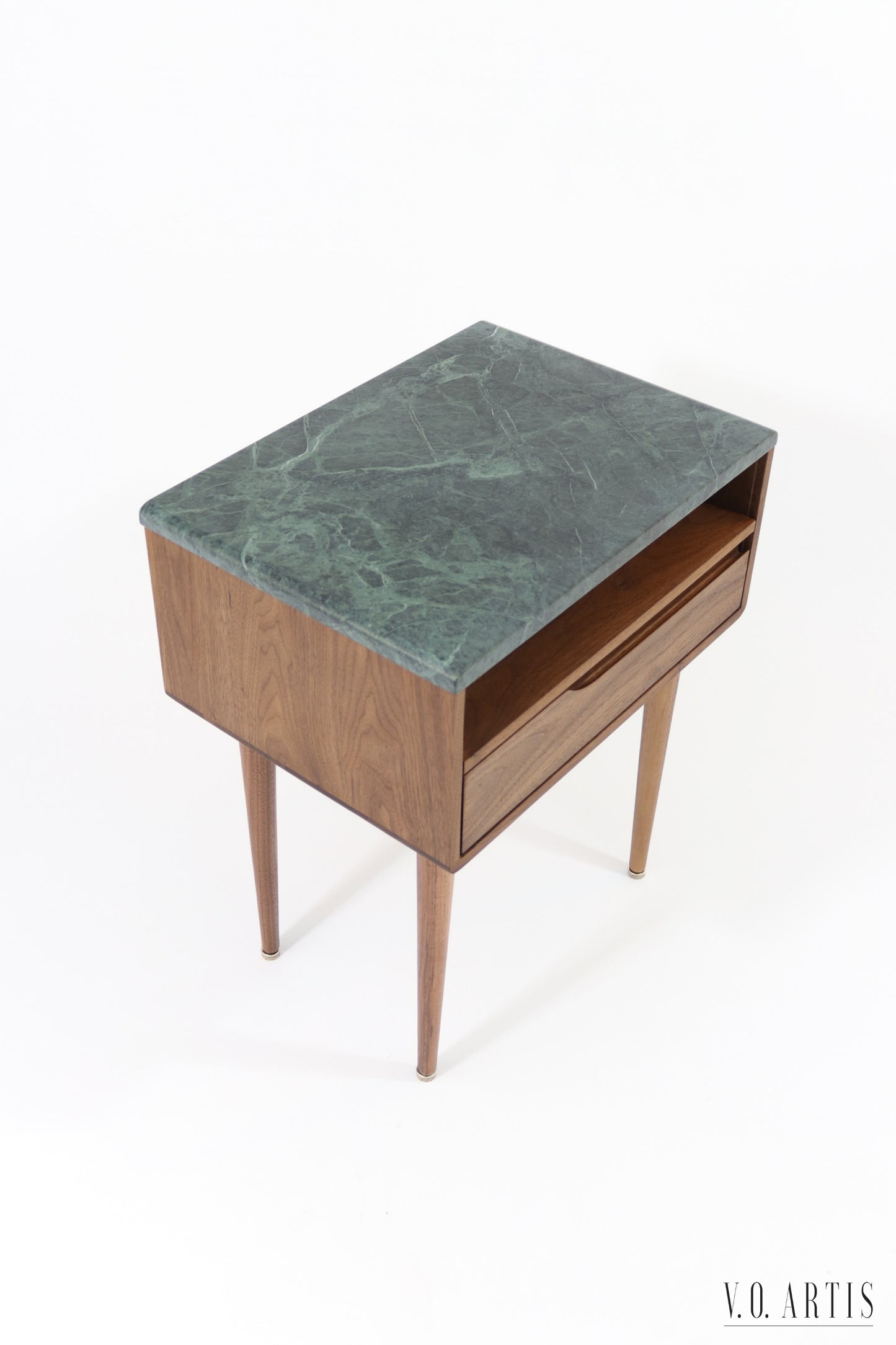 Bedside table with marble top, shelf and lower drawer in solid Walnut