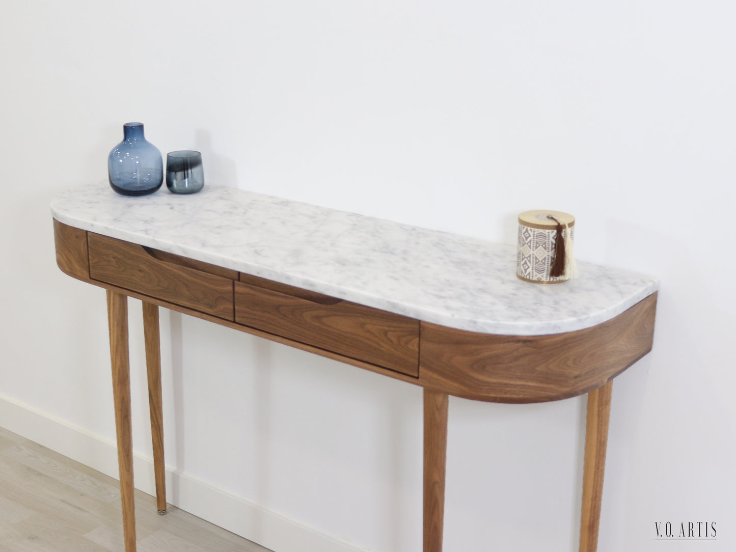 Console Hall Table with 2 drawers and 4 Legs in solid American Walnut with Marble top