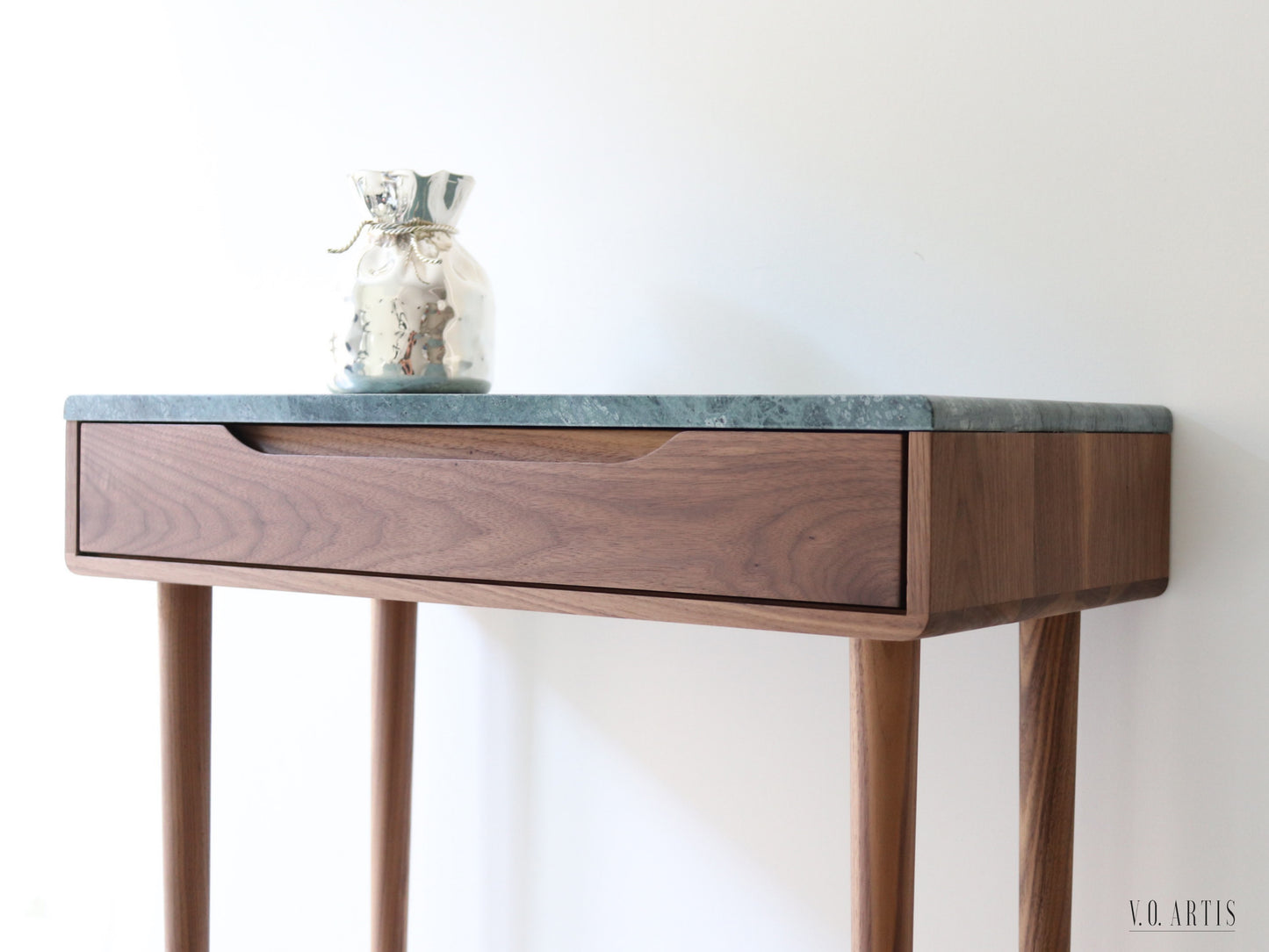 Midcentury console table with 1 drawer and 4 Legs in solid american Walnut with Marble top