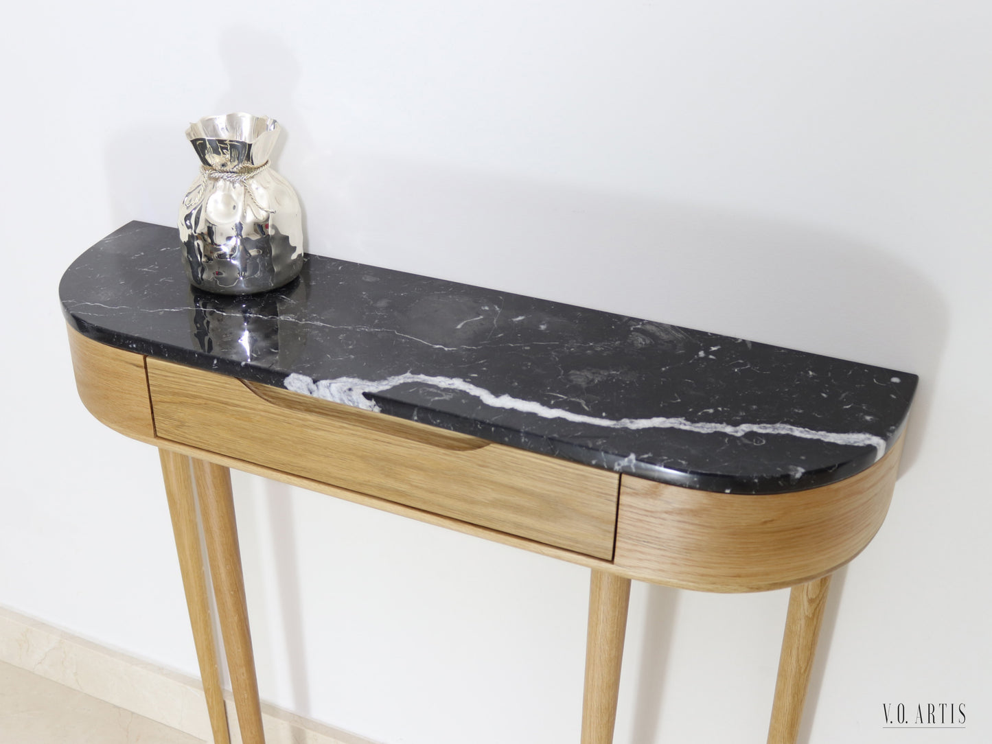 Console Hall Table with 1 drawer and 4 Legs in solid American Oak with Marble top