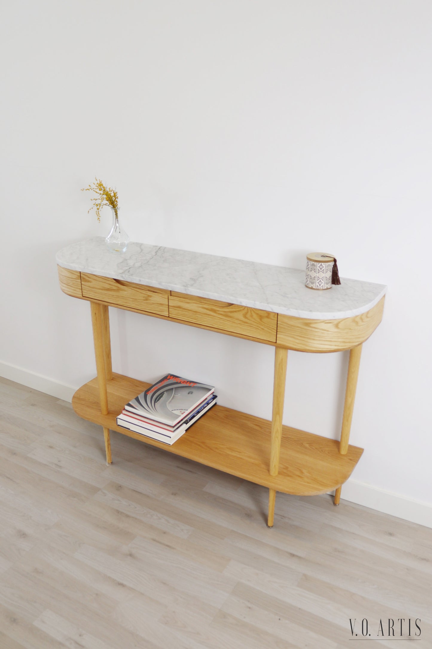 Console Table with 2 drawers, shelf and 4 Legs in solid American Oak with Marble top