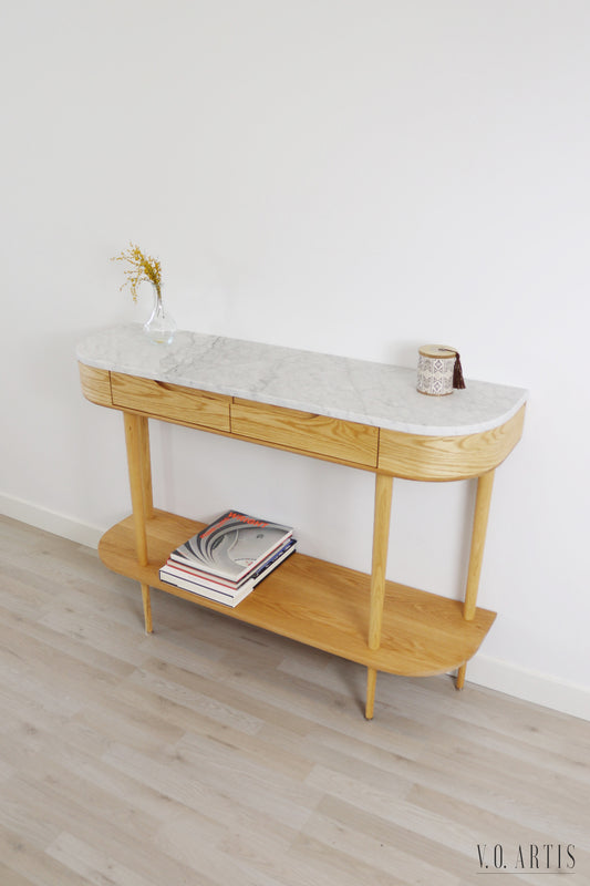 Console Table with 2 drawers, shelf and 4 Legs in solid American Oak with Marble top