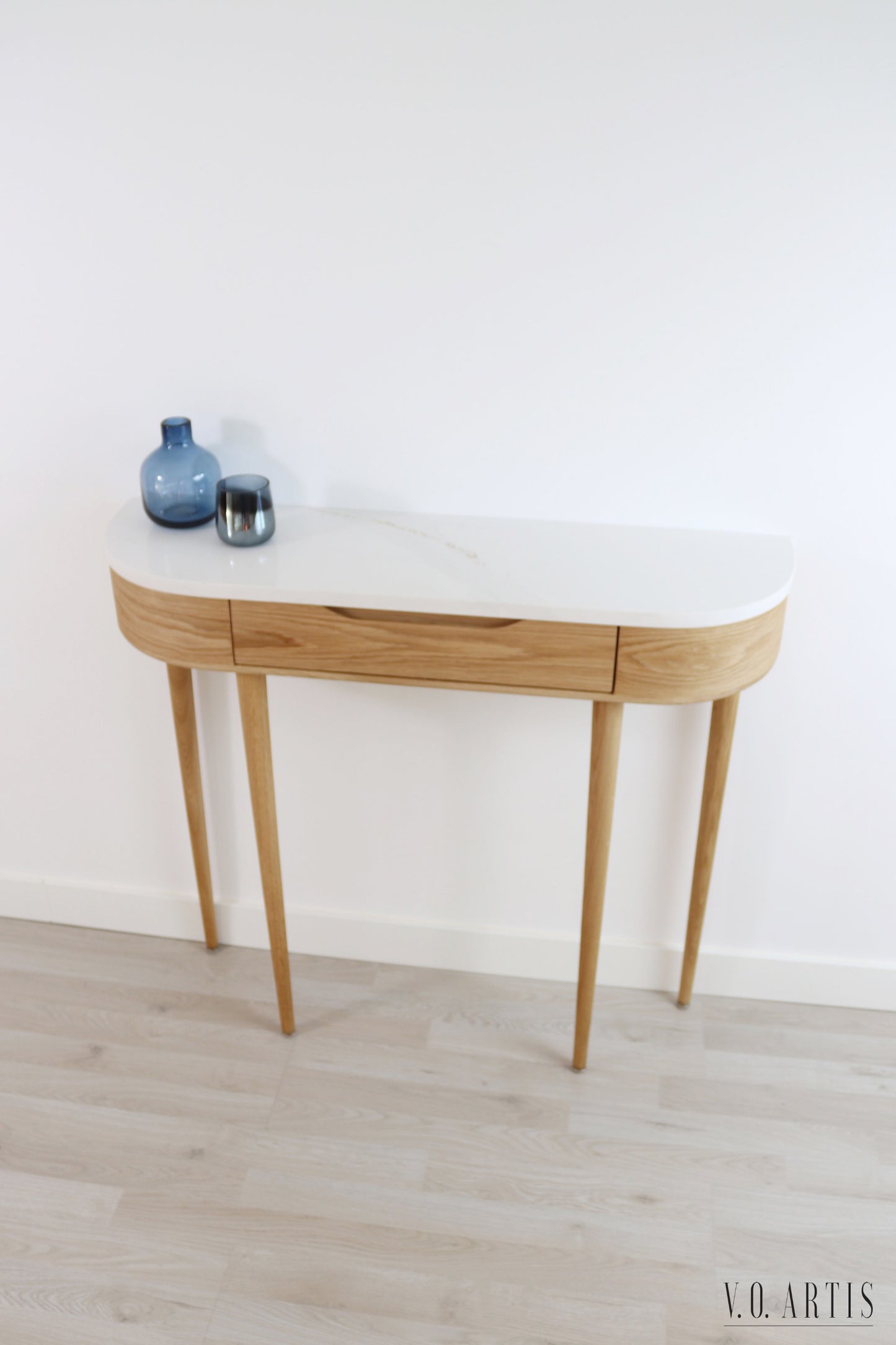 Console Hall Table with 1 drawer and 4 Legs in solid American Oak with Marble top