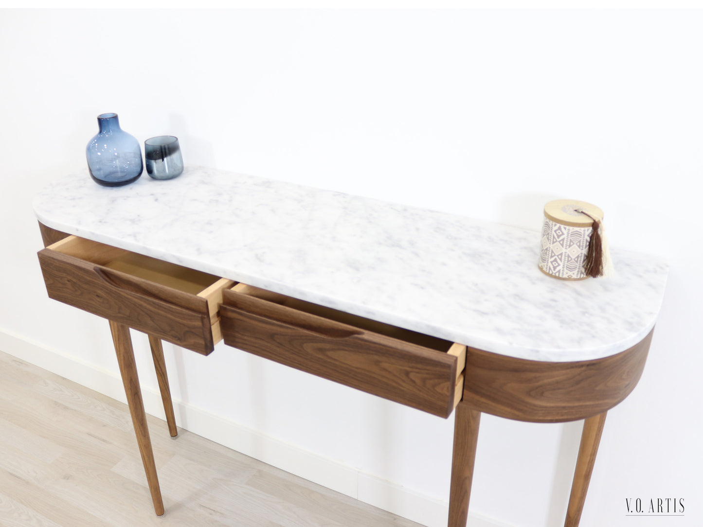 Console Hall Table with 2 drawers and 4 Legs in solid American Walnut with Marble top