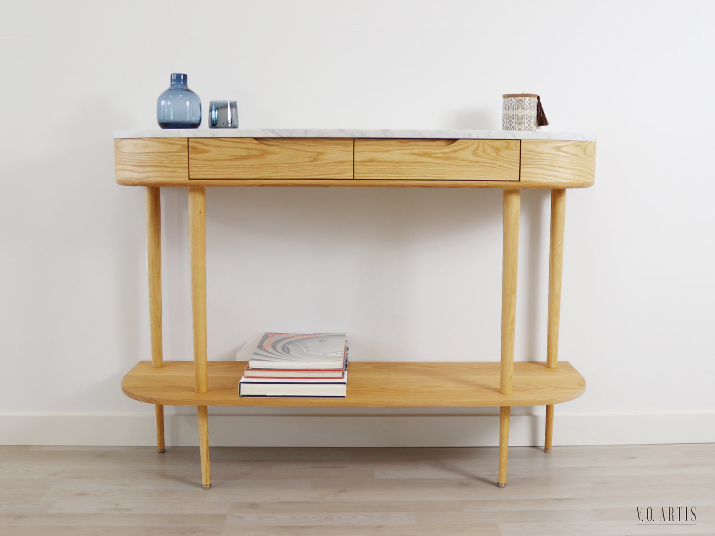 Console Table with 2 drawers, shelf and 4 Legs in solid American Oak with Marble top