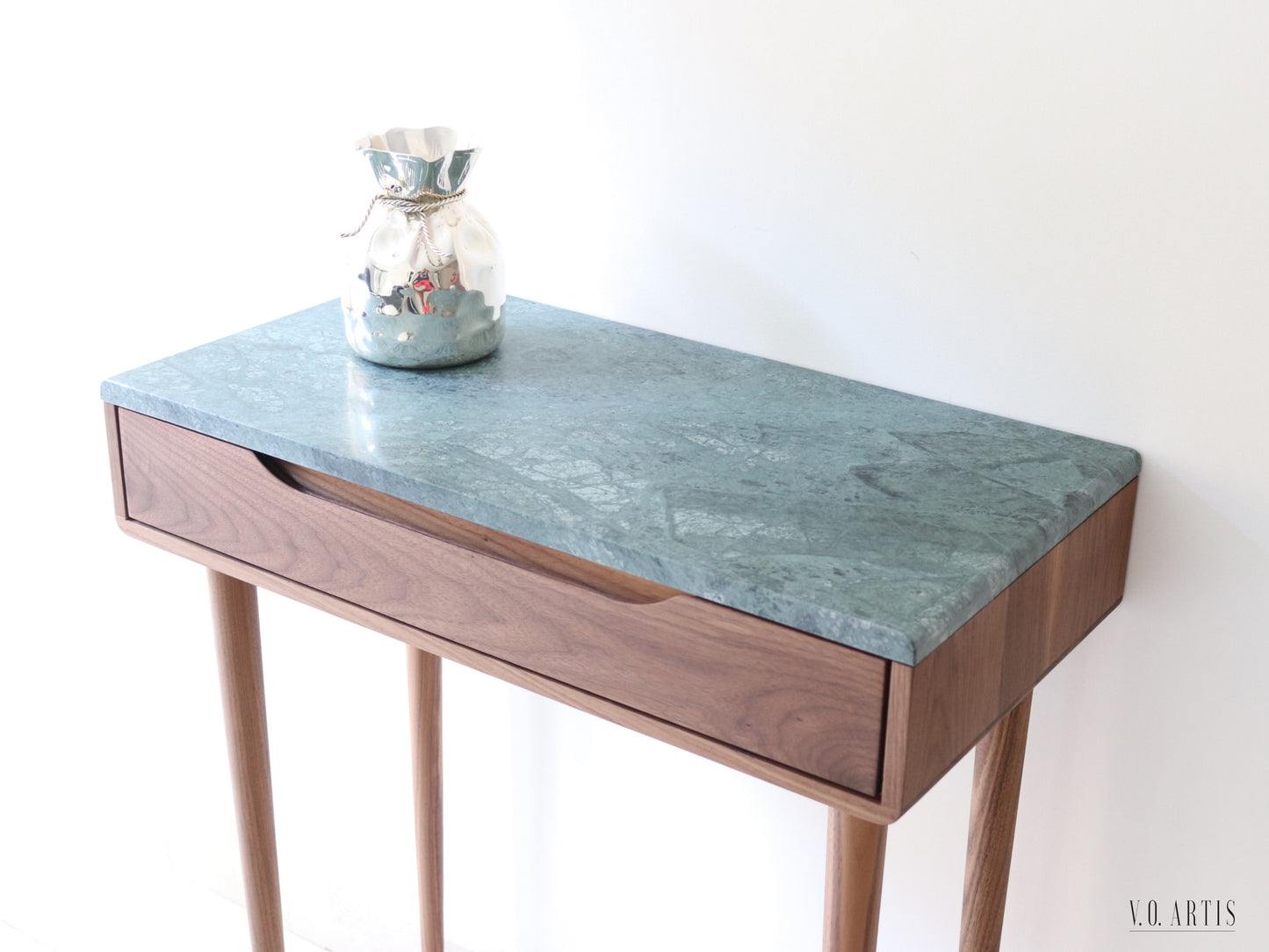 Midcentury console table with 1 drawer and 4 Legs in solid american Walnut with Marble top