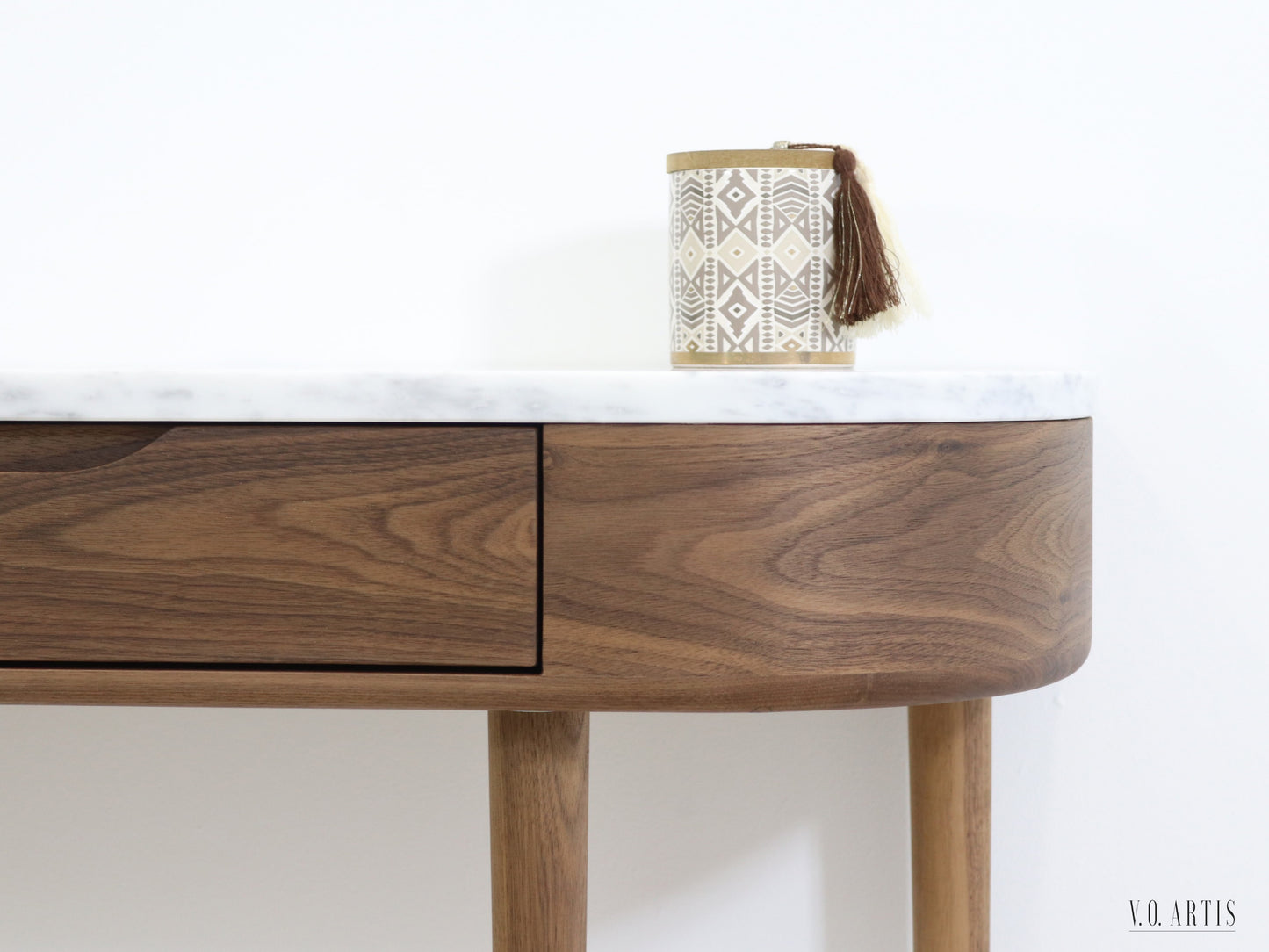 Console Hall Table with 2 drawers and 4 Legs in solid American Walnut with Marble top