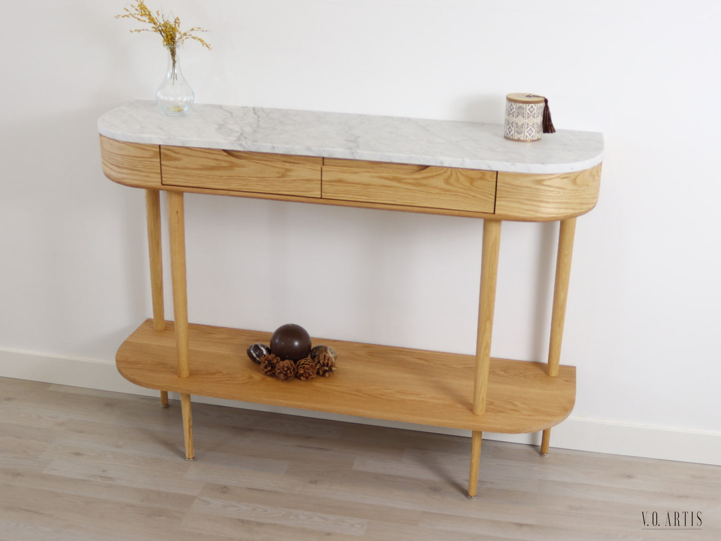 Console Table with 2 drawers, shelf and 4 Legs in solid American Oak with Marble top