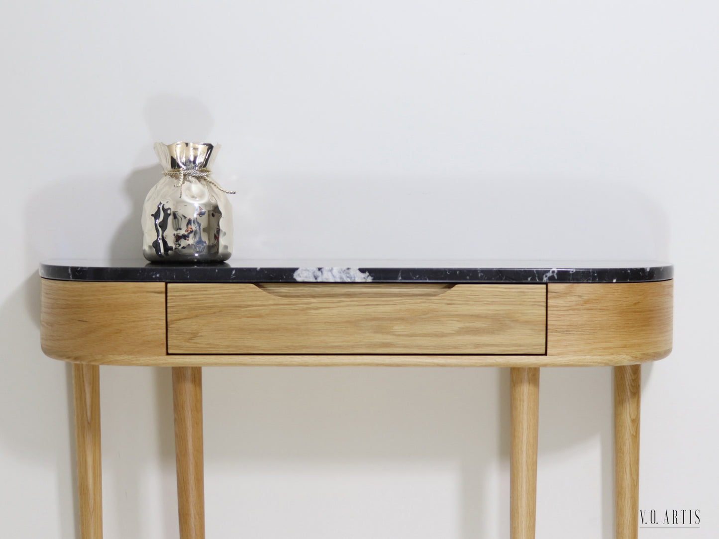 Console Hall Table with 1 drawer and 4 Legs in solid American Oak with Marble top