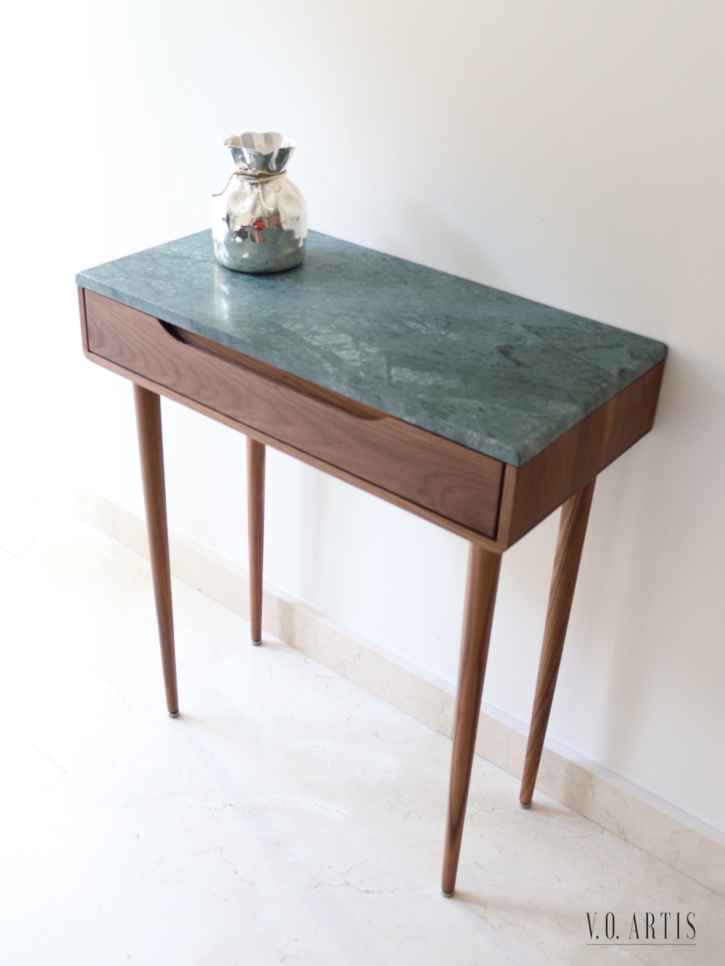 Midcentury console table with 1 drawer and 4 Legs in solid american Walnut with Marble top